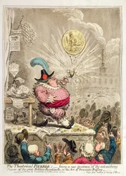 Die Theaterblase: ein neues Beispiel erstaunlicher Kräfte im großen Politico-Punchinello, in der Kunst des dramatischen Aufblasens, veröffentlicht von Hannah Humphrey im Jahr 1805 (handkolorierte Radierung und Aquatinta)